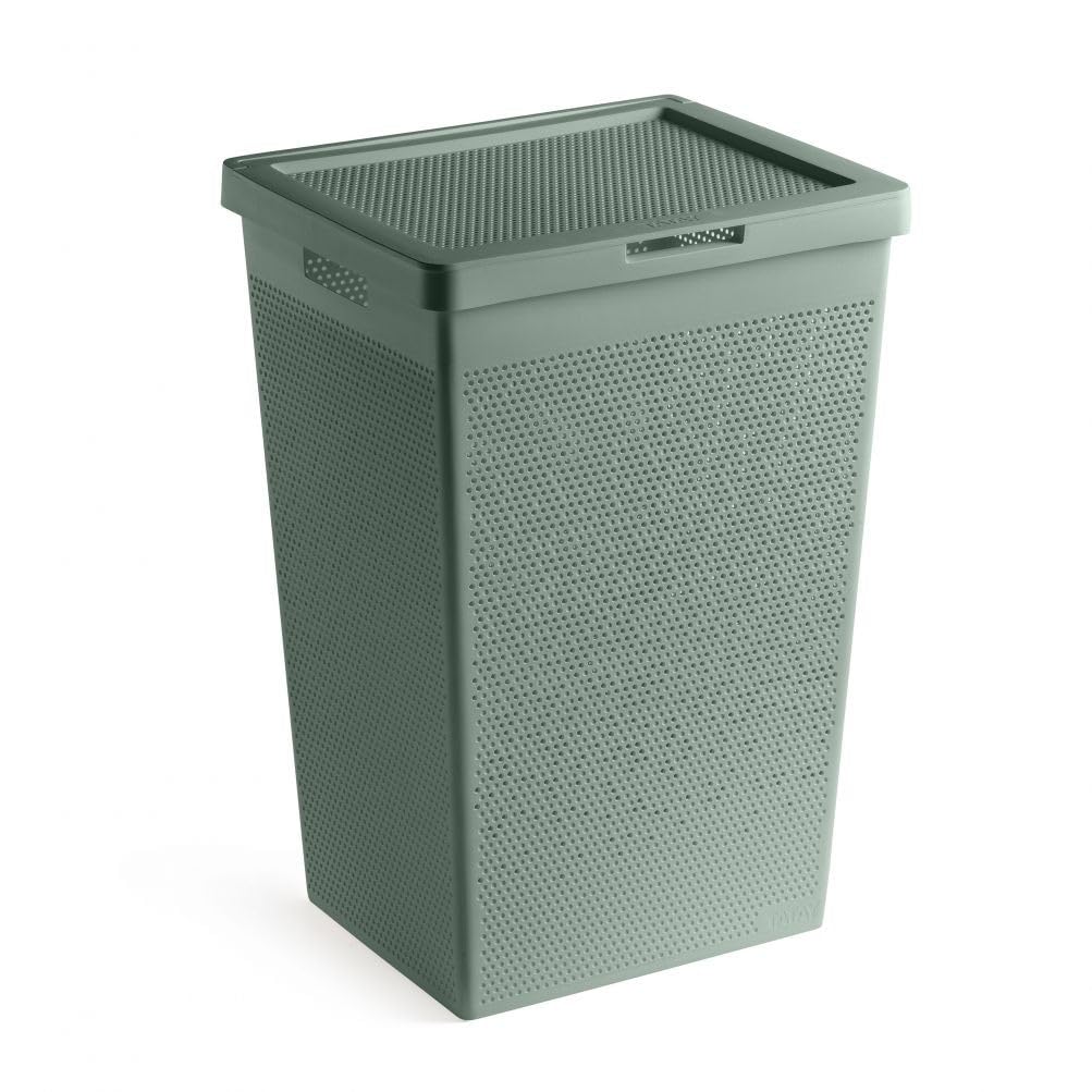 TATAY Panier a Linge 60L Bohol | Design Minimaliste | Couvercle Abattant & Poignées Latérales | Aération Optimale | Plastique 100% Recyclé Sans BPA | 42,5x33,5x60 cm, Vert
