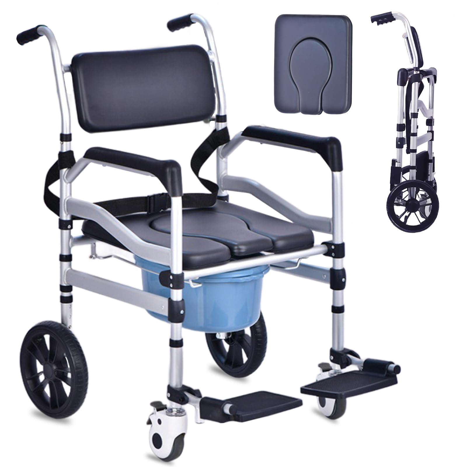 Toilettenstuhl für Senioren, Duschstuhl mit Rollen, 3-in-1 Toilettenstuhl & Duschstuhl für Senioren, inkl. Urineimer, höhenverstellbar, faltbar, mit Rollen und Armlehnen, belastbar bis 136 kg