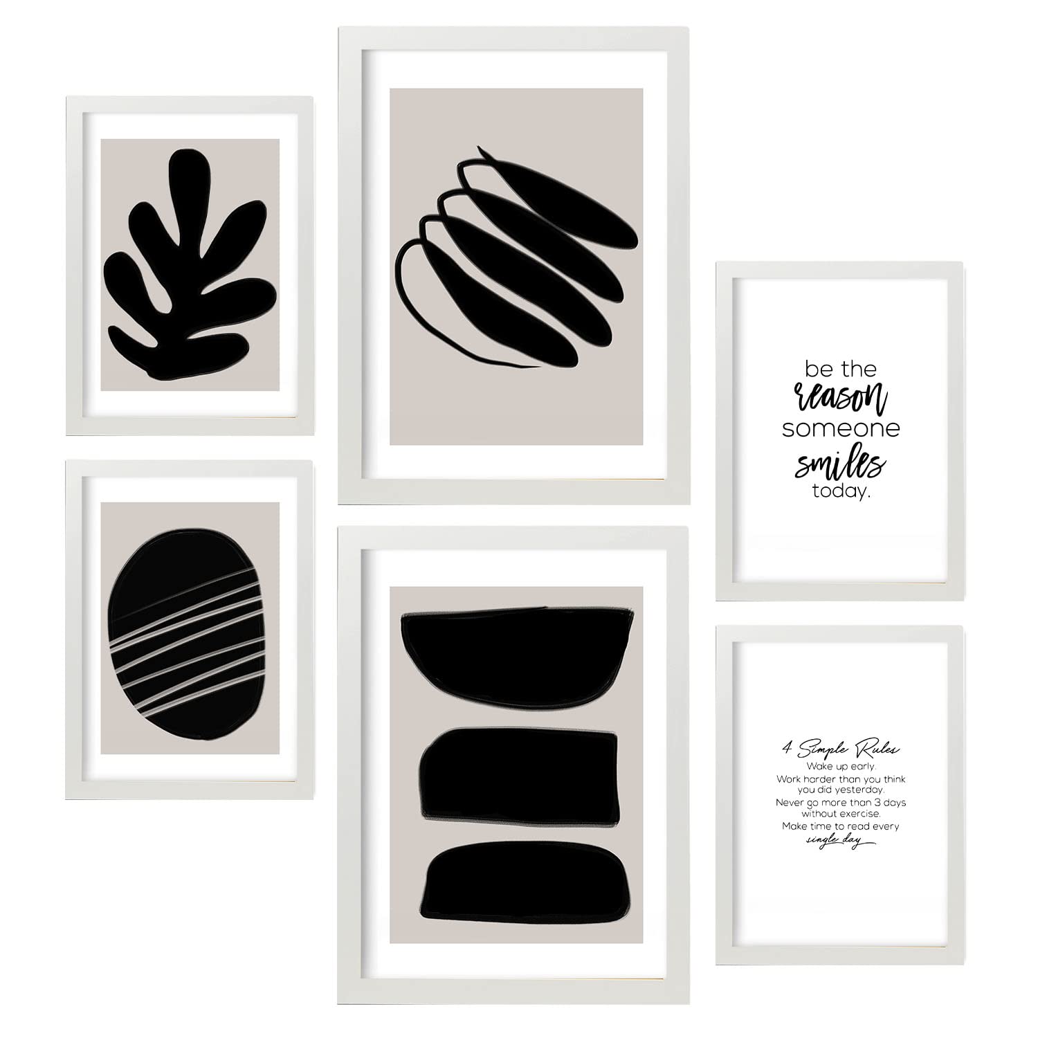 Nacnic Set of 6 posters Black and White. Collection of posters in collage aesthetic for interior decoration. Sizes A3 and A4. White frames.
