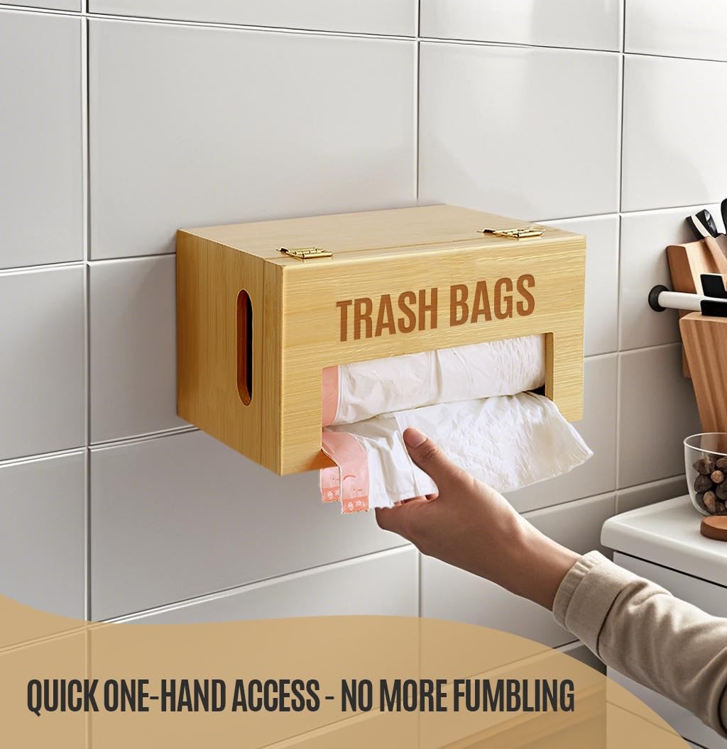 Libreshine Dispensador de bolsas de basura, dispensador de bolsas de basura de cocina, soporte de pared, organizador de bolsas de basura de bambú debajo del fregadero (estándar)