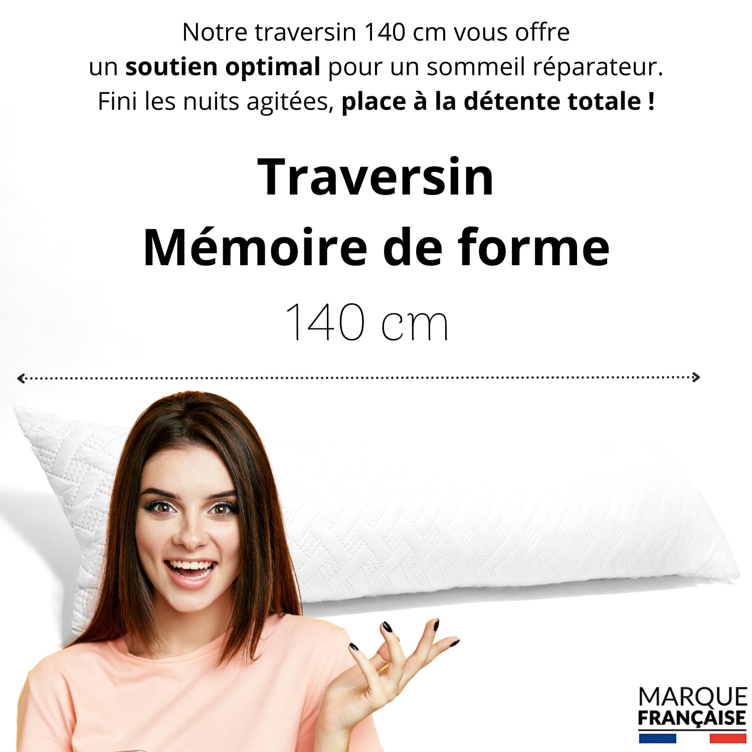 Traversin 140 Cm Ferme Polochon pour Dormir sur Le côté/Traversin 140 cm Memoire De Forme Enfant/Adulte (1 Personne ou 2 Personnes) - Oreiller Traversin avec Housse Matelassée - Taie Premium