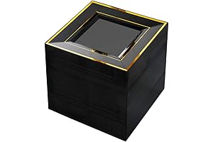 bUCLA 100PCS Black Square Plastic Plates with Gold Rim