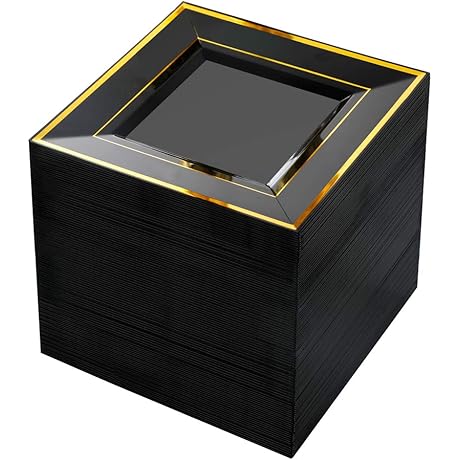 bUCLA 100PCS Black Square Plastic Plates with Gold Rim