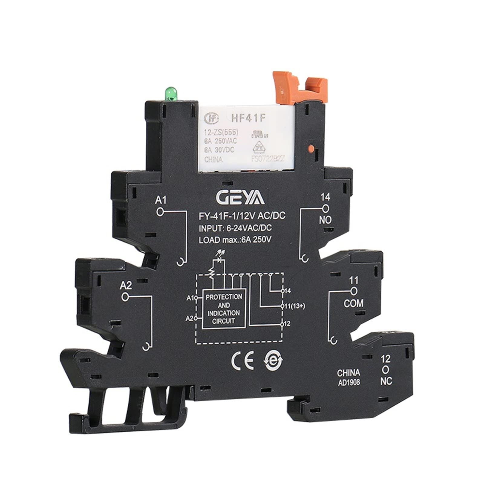 Cienki moduł przekaźnikowy na szynie din HF-41F, wbudowany zasilacz do montażu na płytce drukowanej z uchwytem 12 V, 24 V, 48 V, 110 V 230 V, wtyczka 6,2 mm (niebieski 12 VACDC)