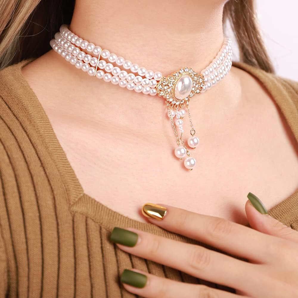 Xerling Vintage 1920s Layered Faux Pearl Choker Necklaces Imitation Pearl Rhinestones Pendant Chains Flapper Costume Necklaces for Party - Image 5