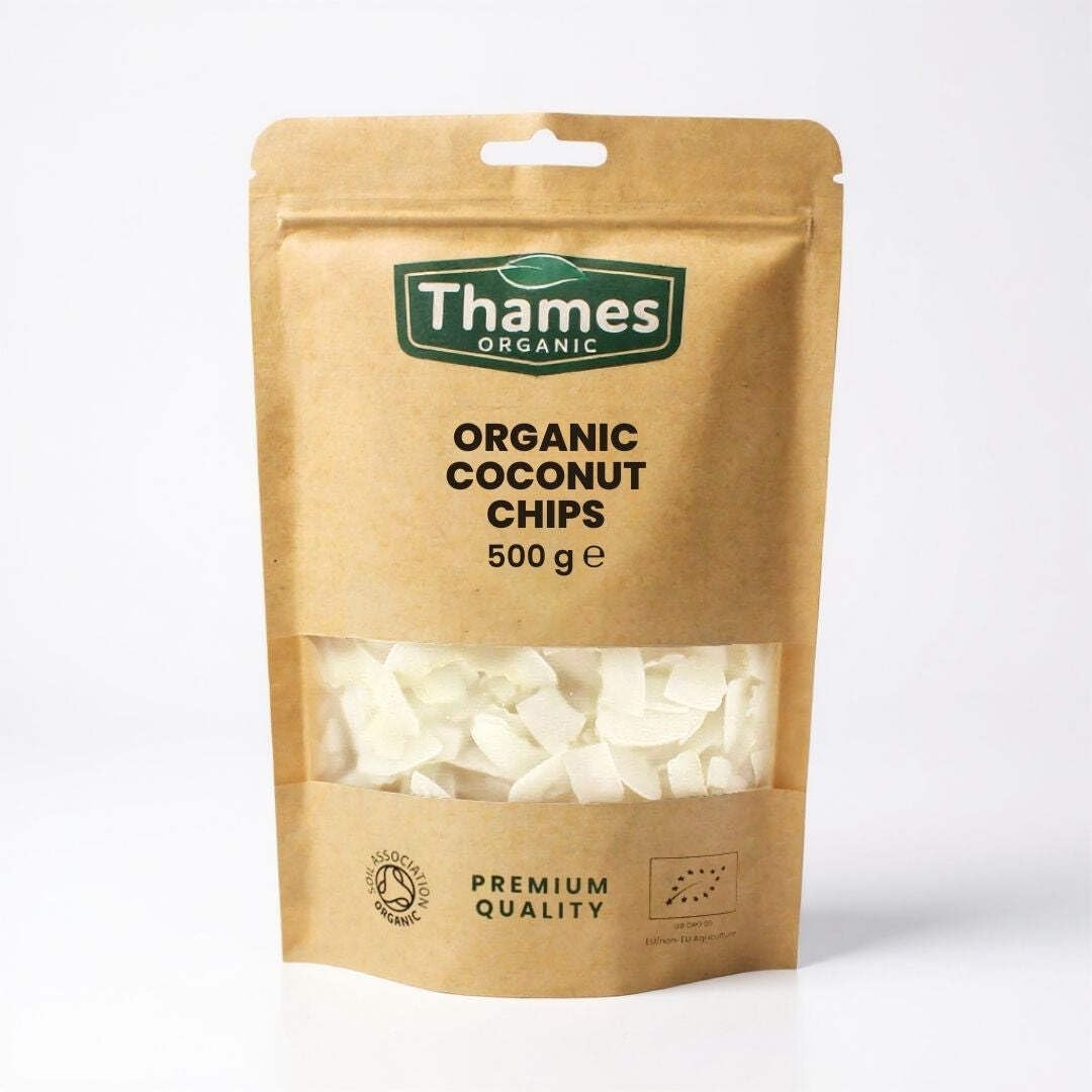 Organic Coconut Chips - Unsweetened, High Fibre, Raw, Vegan, GMO-Free, Certified Organic - No Additives or Preservatives - Nutritious and Delicious, Perfect Snack - Thames Organic 500g