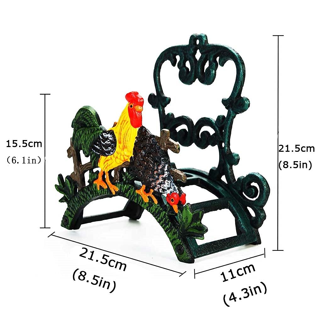 Soporte de manguera montado en la pared para jardín de hierro fundido, soporte de manguera de metal para gallo encantador, carrete de estante de manguera para interiores y exteriores decorativo de e