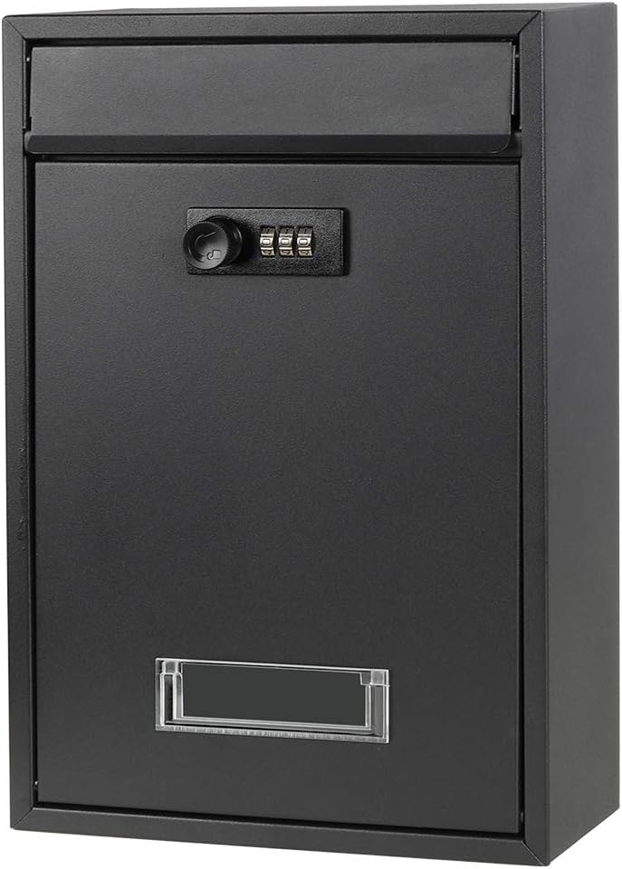 Decaller Wall Mounted Mailbox with Combination Lock, Outdoor Rust-Proof Metal Locking Mail Box, 12.6" x 8.5" x 3.4", 06 Black