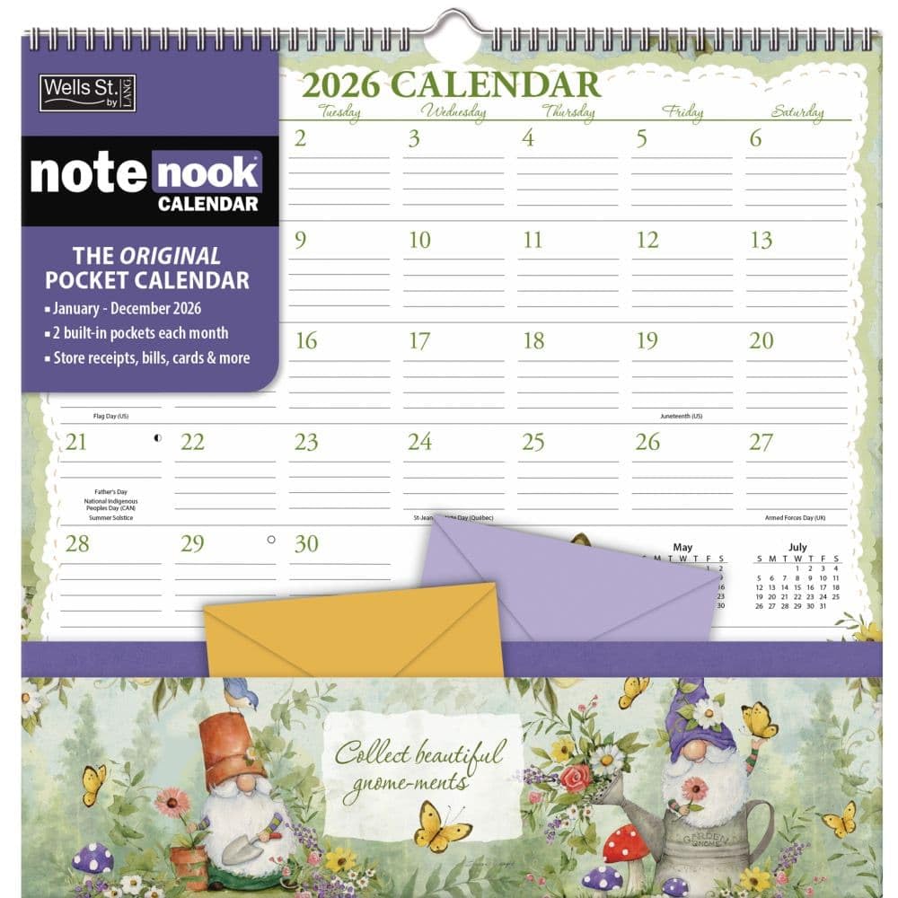 WSBL Gnomes 2026 Note Nook Wall Calendar – 12-Month Organizer Calendar with Dual Storage Pockets, Whimsical Gnome Artwork by Susan Winget, 12″ ×