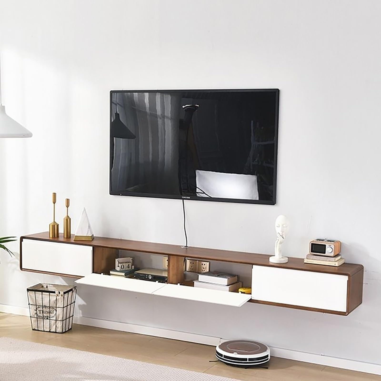 Mobile TV In Legno, Mobile Porta TV A Parete, Console Multimediale Rettangolare, Mensola Sospesa TV Con Ante A Ribalta E Cassetto Per Lettore DVD, Decoder, Console Per Videogiochi(Light Brown,160x24x2
