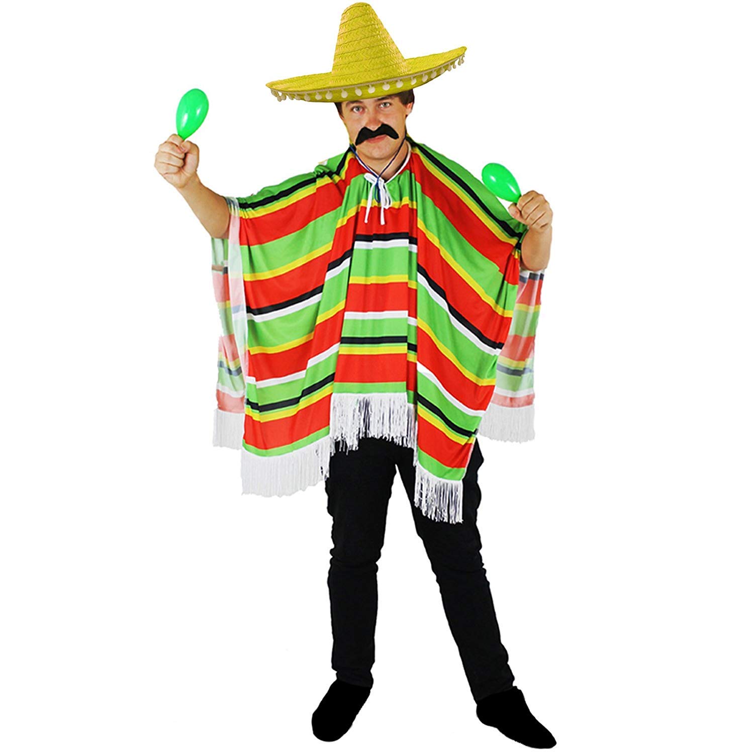 MEXICAN MULTI COLOURED PONCHO + YELLOW SOMBRERO WITH POM POM EDGING + MEXICAN STYLE TASH AND CIGAR PERFECT FOR ANY ADULTS FANCY DRESS PARTY FOR MEN OR WOMEN