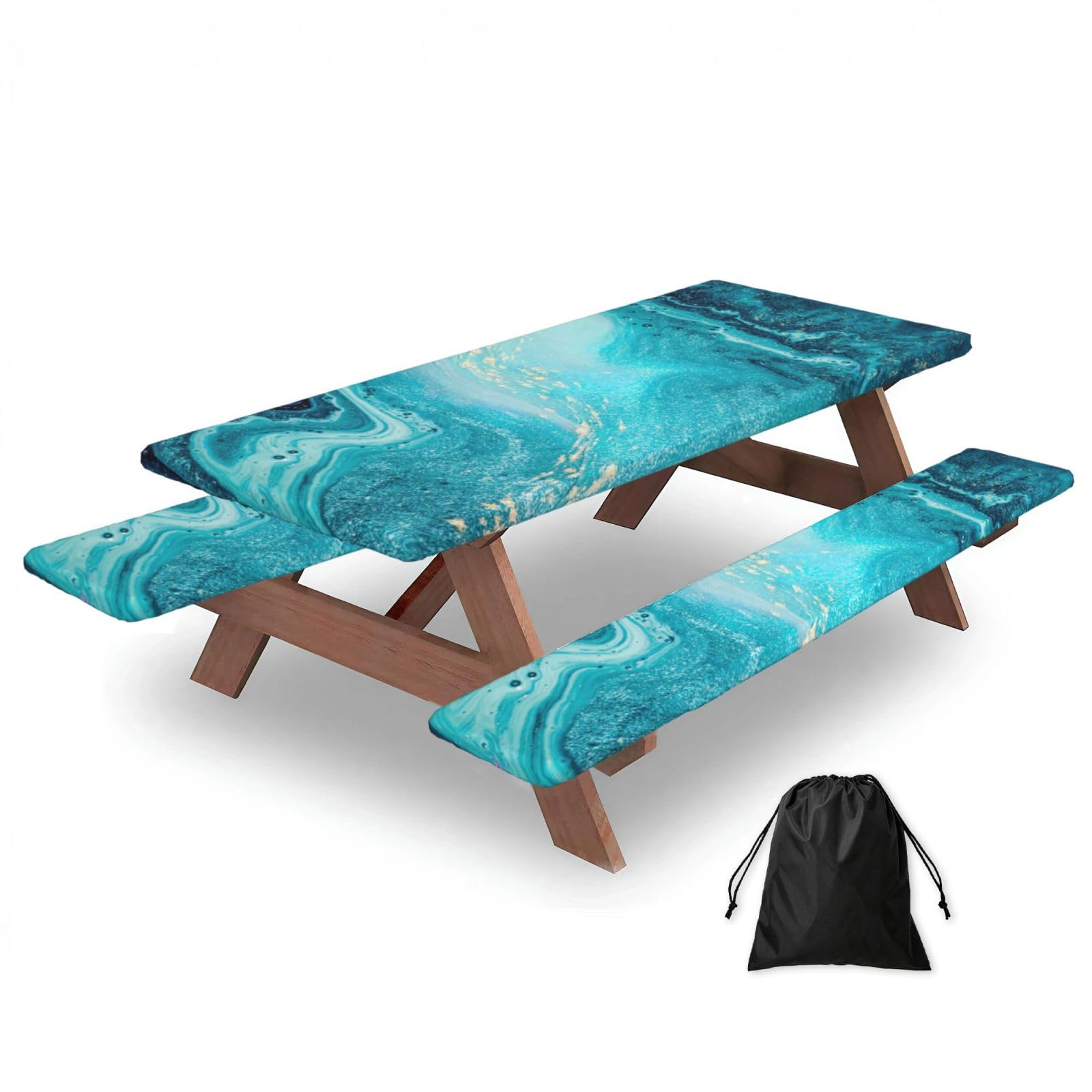 AYYQWE Stone Blue Gold Marble Print Picnic Table Bench Cover Outdoor Garden Party Decor Daily Accessory Gift