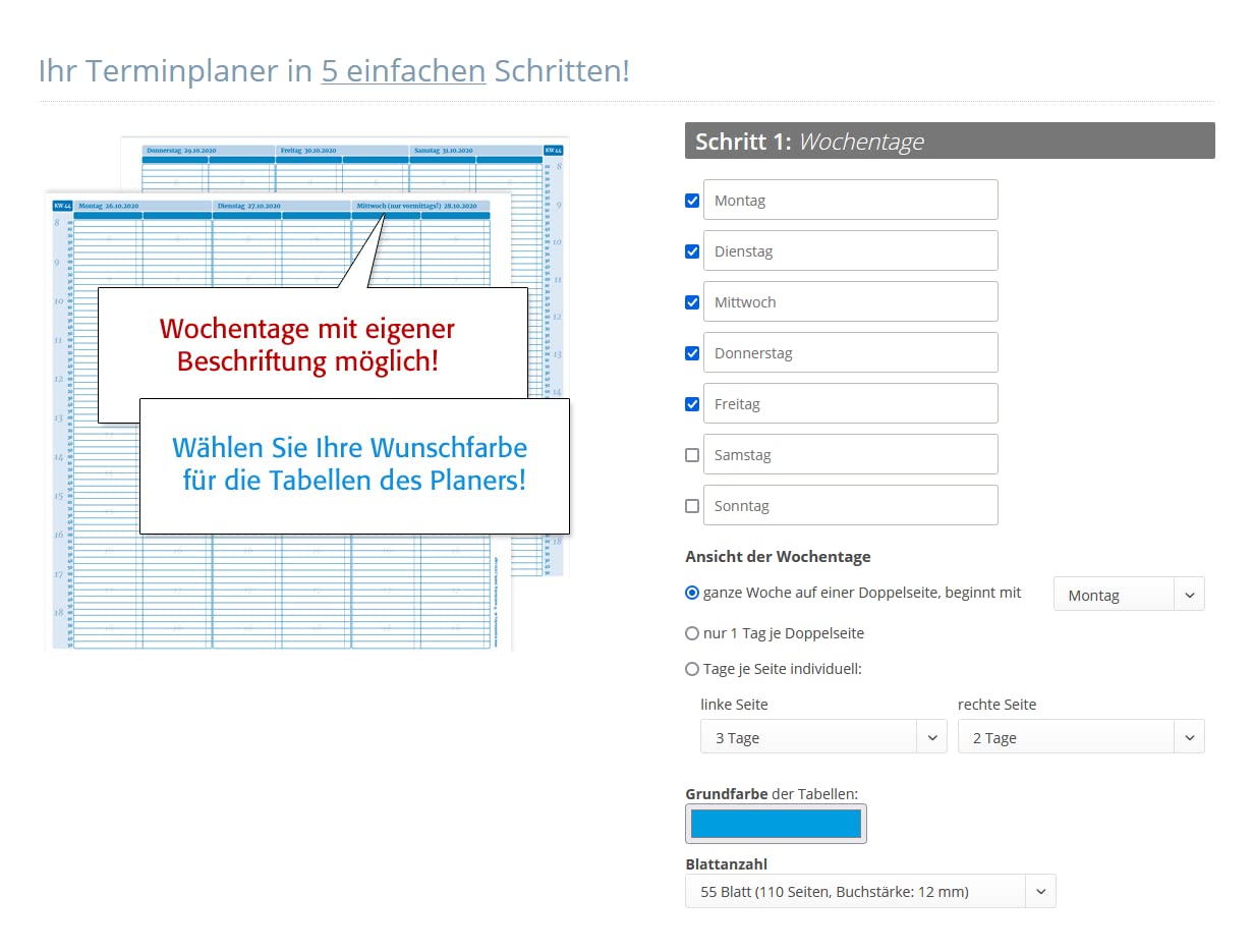 Terminplaner Praxis datiert mit frei wählbarem Startdatum, individuellem Deckblatt und Spaltenbeschriftung! Format optimal für 6 Mitarbeiter /15-Min-Takt