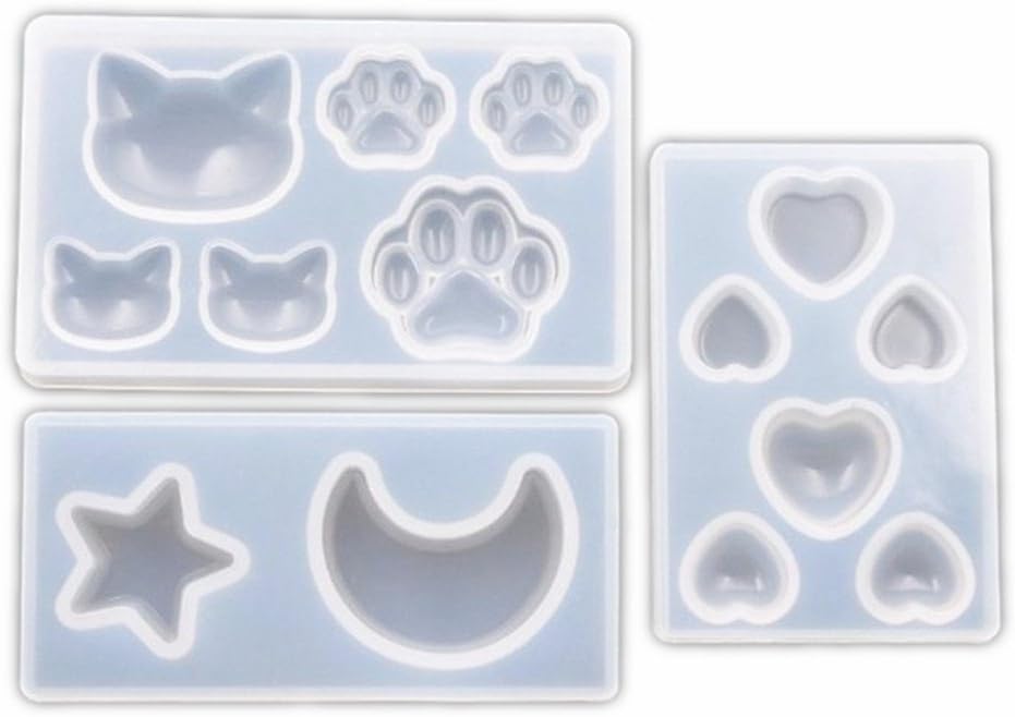 3 Pcs Star Moon/Cat Footprint/Love Heart Jewelry Silicone Mold with Hole for Polymer Clay, Crafting, Resin Epoxy, Pendant Earrings Making, DIY Mobile Phone Decoration Tools 010168/010169/010170