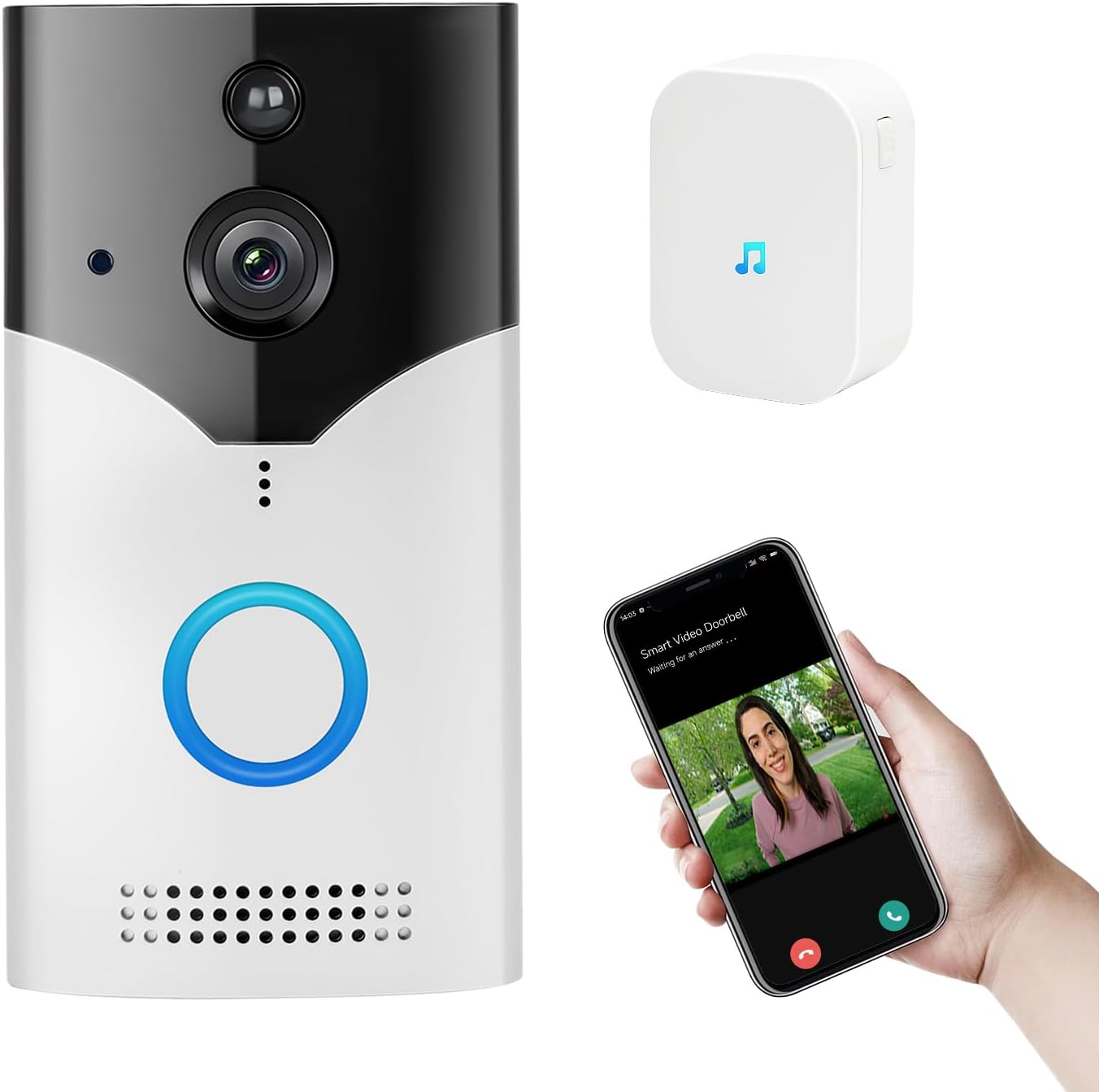 Video Doorbell, 1080P HD Video, Wireless Two-Way Audio Door Bell, Night Vision, Support TF Card or Cloud Storage, 2.4G WiFi, Wireless Doorbells for Home