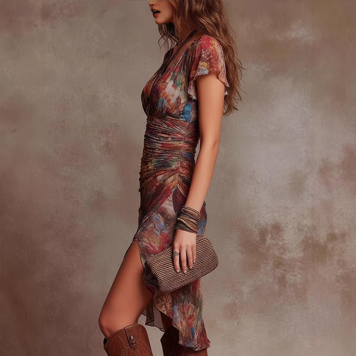 Vestido Midi Gasa Estampado Floral Boho Western Verano 2026 Mujer, Cuello V Profundo, Fruncido, Manga Volante