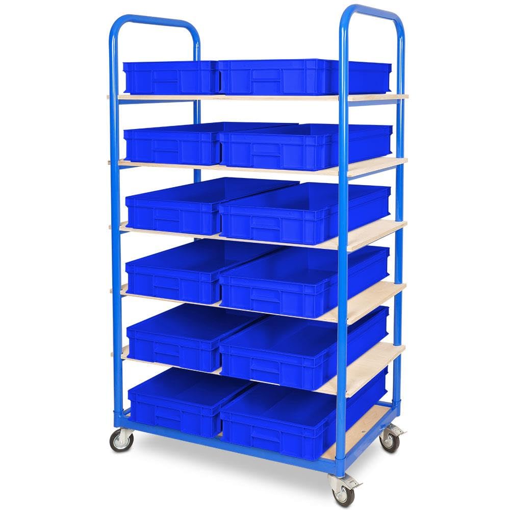 BRB Etagenwagen mit 6 Ebenen, BxTxH 1050x500x1690 mm, bestückt mit 12 Euroboxen BxTxH 600x400x120 mm (blau)
