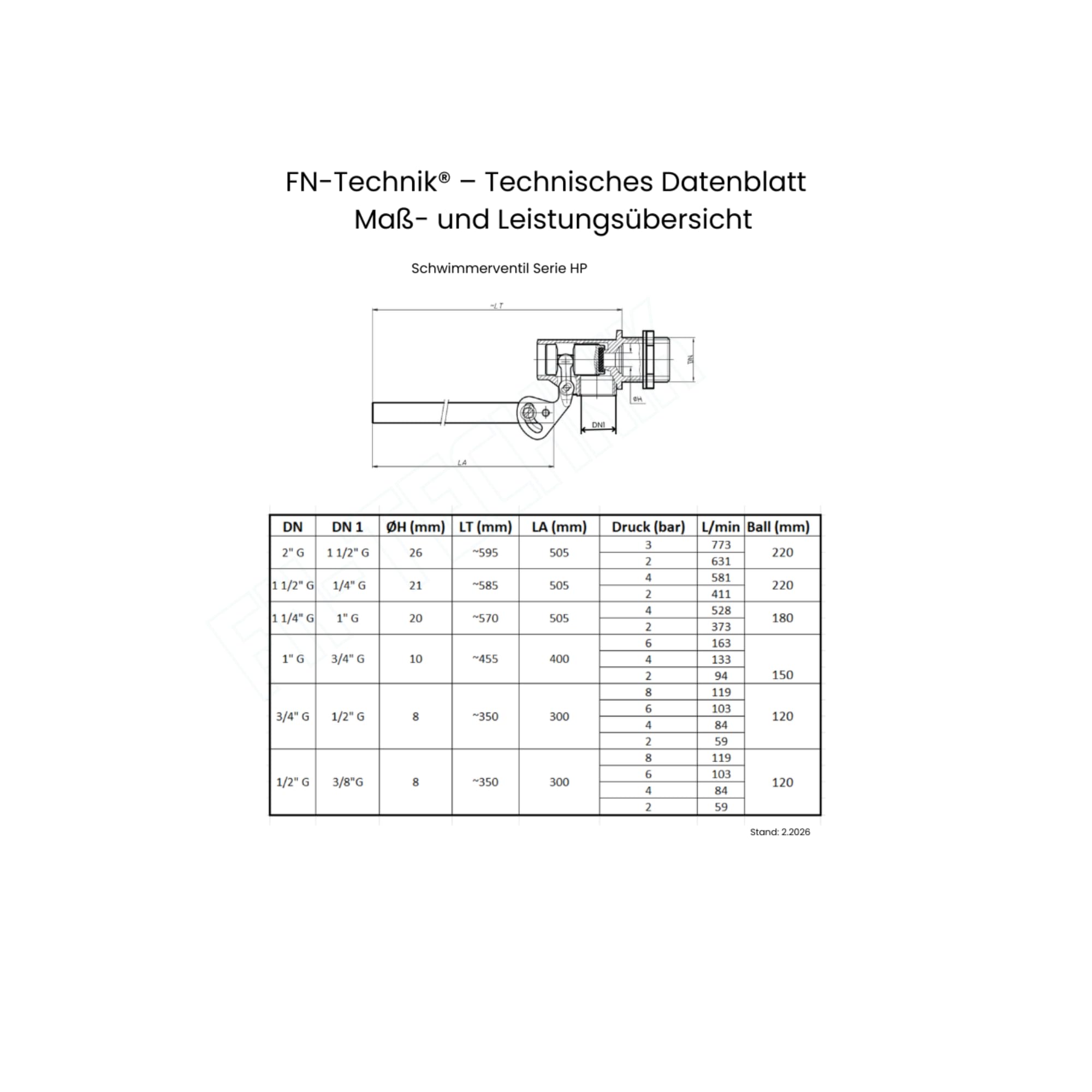 FN-Technik - Válvula de flotador (1 1/4", protección contra sobrellenado, regulación de nivel)