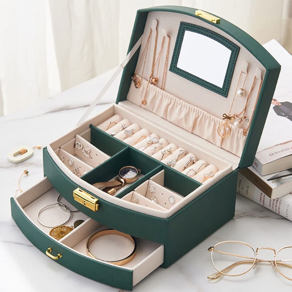 Pudełko na biżuterię Vintage dwuwarstwowy organizer ze skóry PU | Gablota do przechowywania biżuterii damskiej w stylu retro z przegródkami na naszyjniki