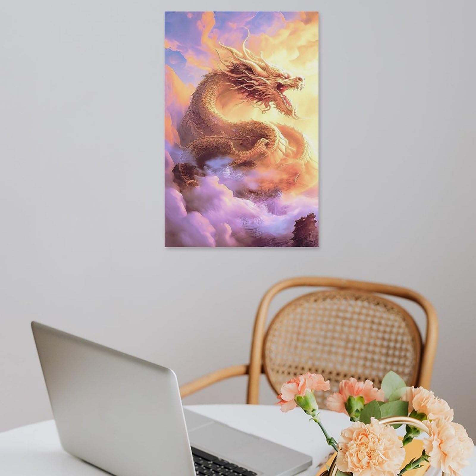 Amazon.co.jp: 絵画 雲の中の龍インテリア 絵画 超リアルな油絵 黄金