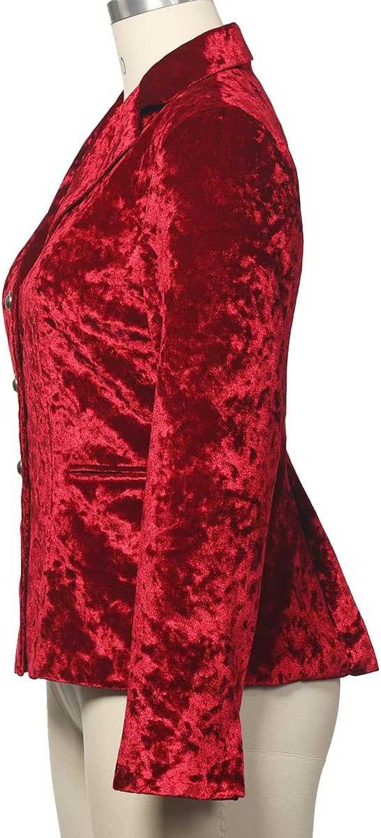 Women's Vintage Velvet Suit Jacket V-Neck Pocket Long Sleeves Dressy Coat Retro Casual Tops - Image 4
