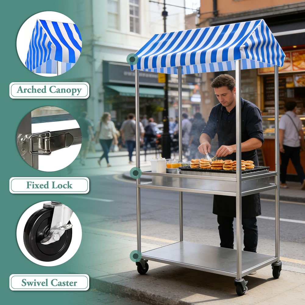 le Lebensmittelwagen mit Baldachin, robuster Rollwagen für Märkte, Festivals, Catering und Einzelhandel, Rot, 48 x 100 cm, perfekt für Lebensmittelhändler