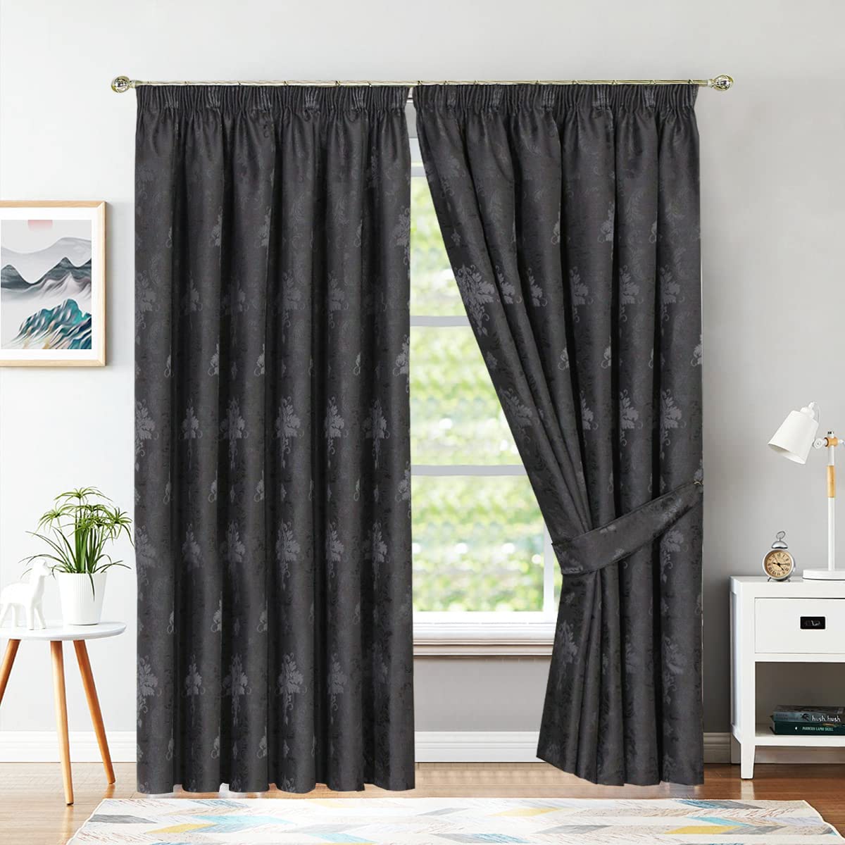 PRIME LINENS Curtains for Living Room Pencil Pleat Jacquard Curtains Fully Lined Modern Panels for Bedroom with 2 Free Tie Backs (W 90'' x L 108'', Grey)