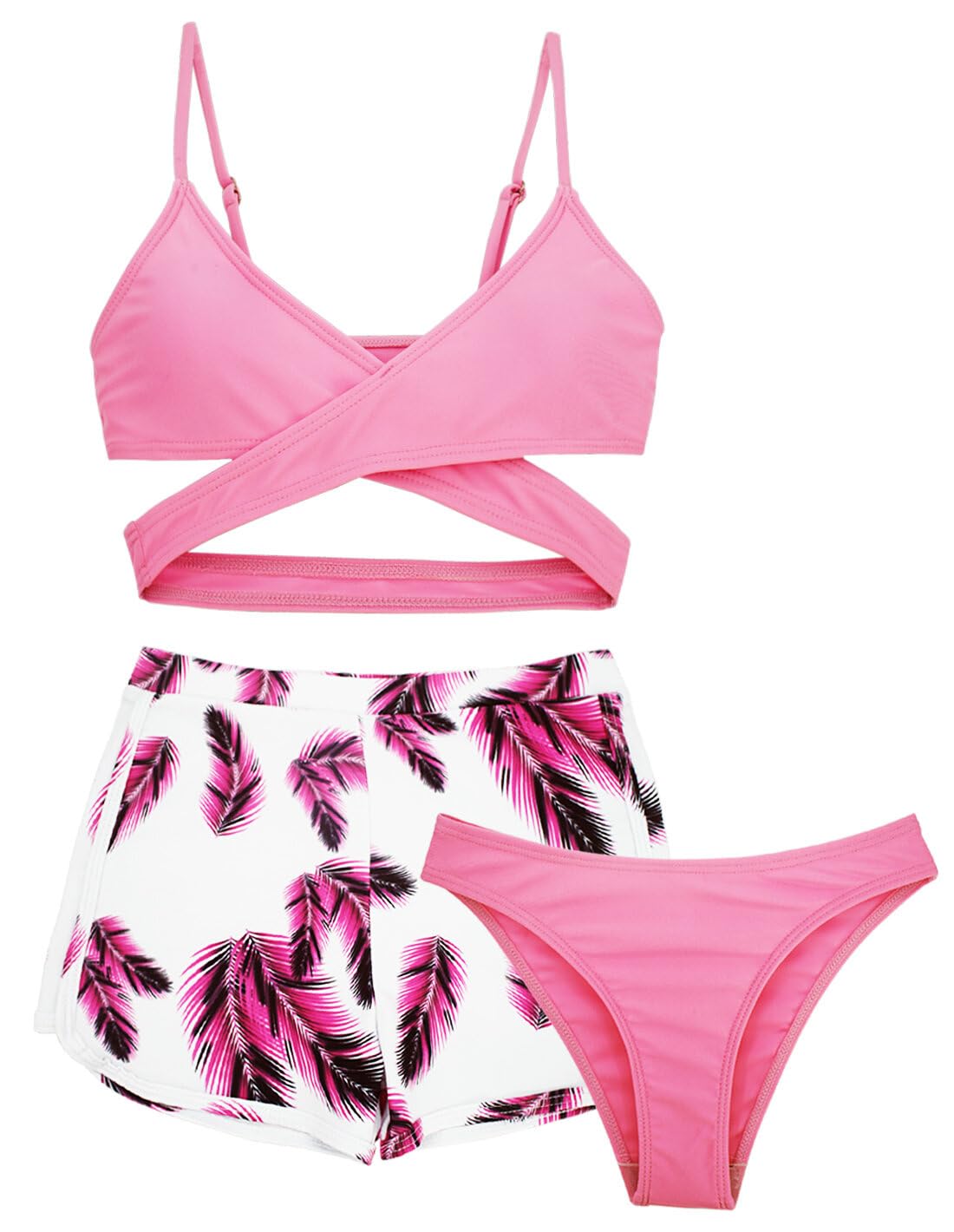 SEAUR Conjunto de bikini para niña con pantalones, traje de baño para niños, 3 piezas, estampado floral, acolchado, bikini de verano, playa, natación para 8-14 años