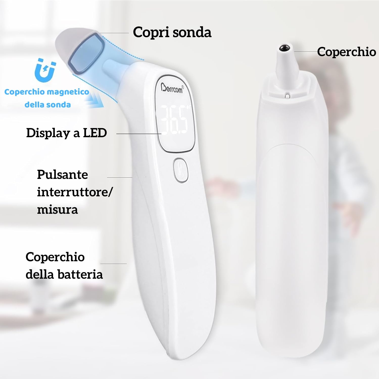 Berrcom Termometro Fronte e Orecchio Termometro Febbre Infrarossi Senza Contatto Termometro Neonato Digitale con Lettura Istantanea, Interruttore °C/°F, Allarme Febbre