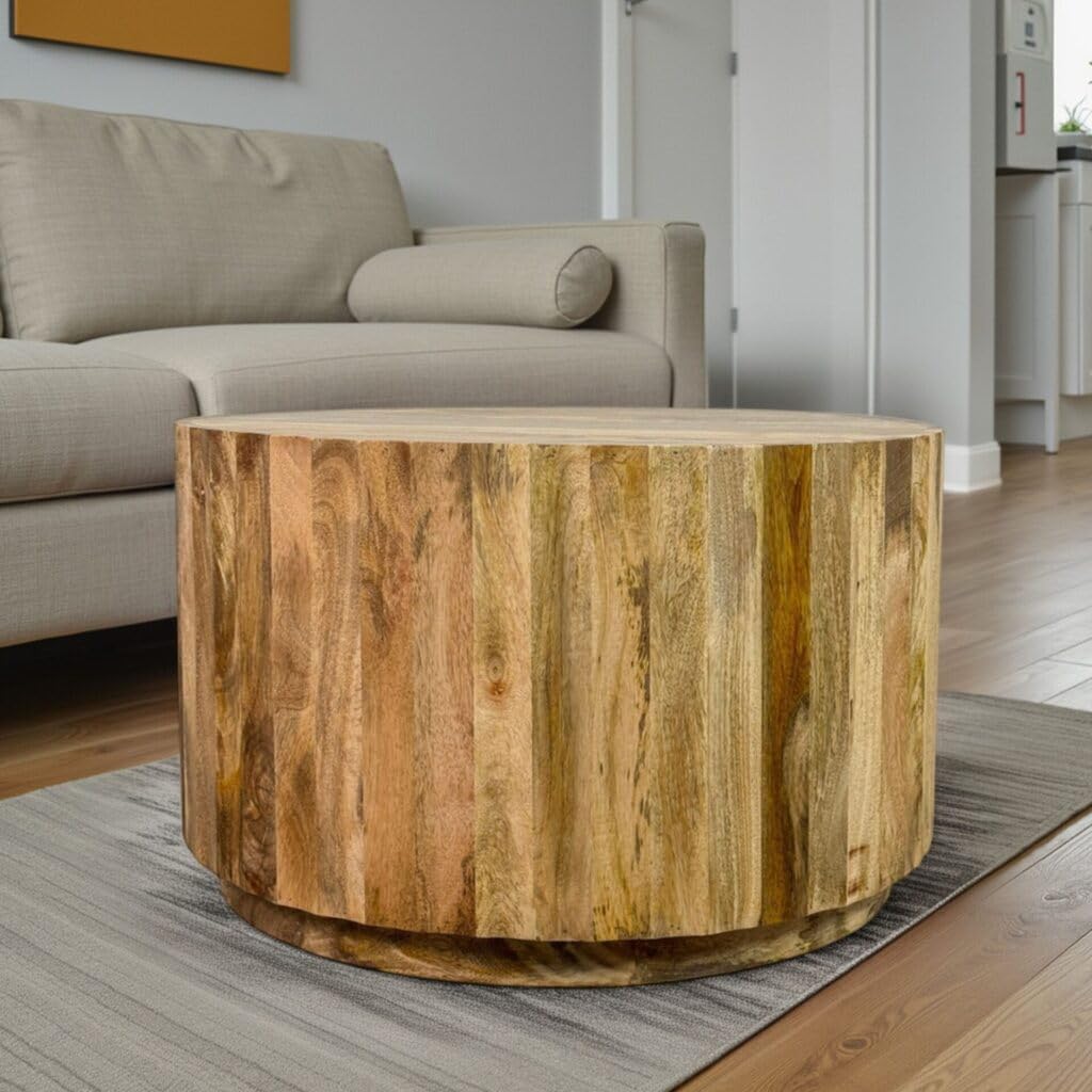 Carolina Chair & Table Harrison Groove Coffee Table with Integrated Drawers - Elegant Round Solid Wood Top Side Table - Modern Home Decor Accent Furniture for Bedroom, Living Room, Hallway (Natural)