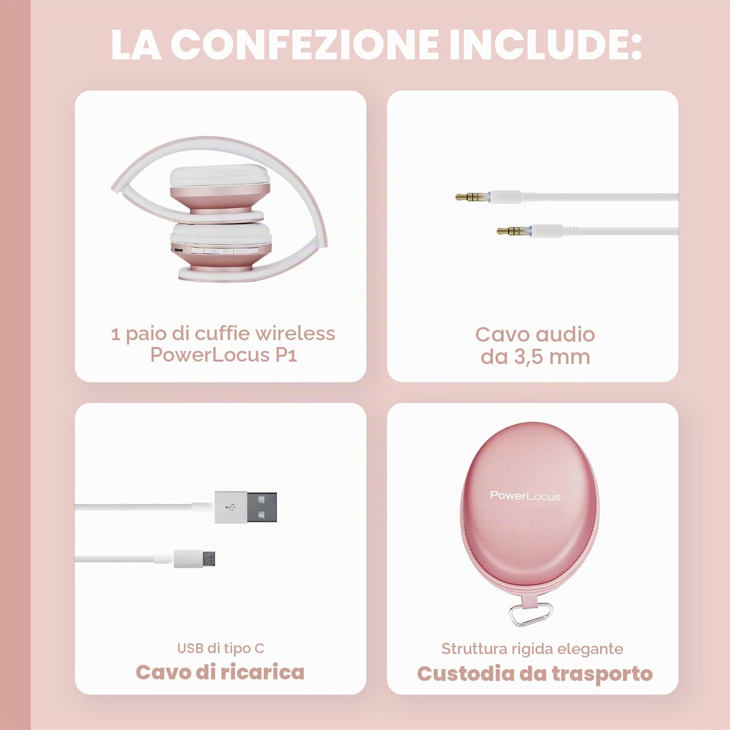 PowerLocus Cuffie Bluetooth Senza Fili Over-Ear Cuffie Stereo Pieghevoli Auricolari, Wireless Cuffie Riduzione del Rumore con Microfono per iPhone, Samsung, LG, iPad, PC, iPod (Oro Rosa)