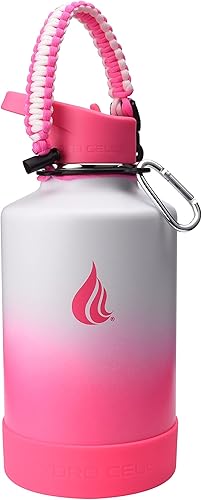 HYDRO CELL Botella de agua de acero inoxidable con sorbete y tapa ancha de boca (blanco/rosa de 64 onzas con funda inferior de silicona protectora,