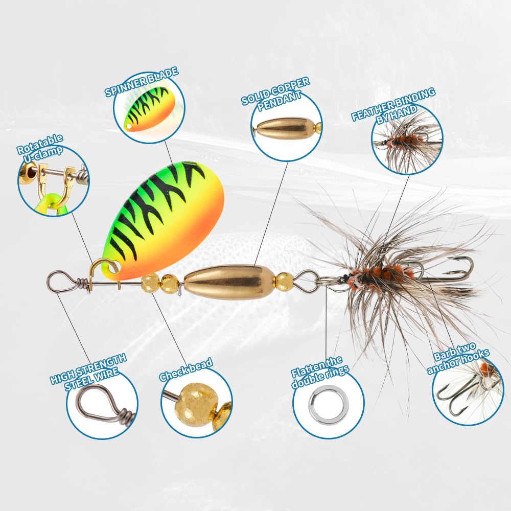 Trout Lures Fly Trout Spinners, Rooster Bait Tail Trout Fishing Lures for Bass Salmon Pike, Fishing Spinner Kit Smallmouth Bass Lures Spinner for Lake River Fishing with Tackle Boxes (1/8oz-5PCS)