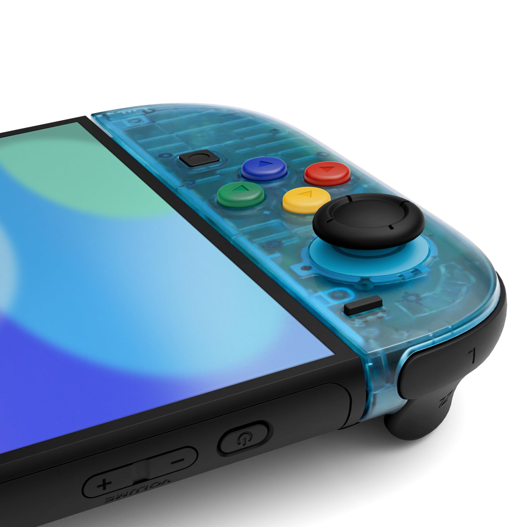 eXtremeRate Ersatz Shell & Buttons Set für Switch 2 Joycons, Essence Version Faceplate/Back Cover/Griff Deko Streifen/ABXY D-Pad-Knöpfe Zubehör für Switch 2 Joy Con-Clear Blau&Clear Orange
