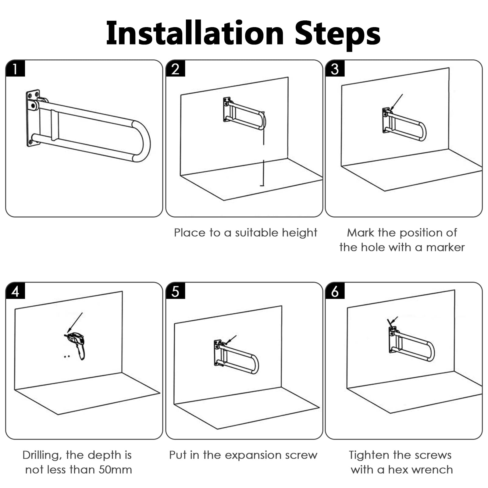 Barras de Apoyo para Inodoro, pasamanos Plegables para baño, abatibles, de Seguridad, de aleación de Aluminio, para Personas con discapacidad, para Personas Mayores y Embarazadas, Color Negro