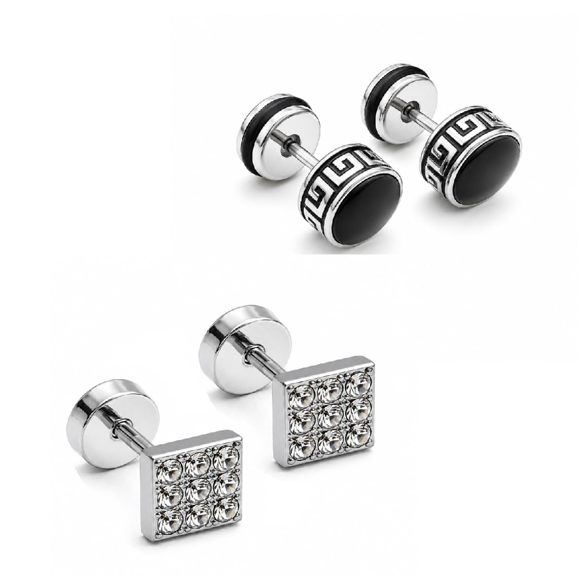 Combo of Men Silver Square & Silver Round Black with Stone Pairs Ear Earrings Designer Hoop Stud Combo Daily Styling-image-33