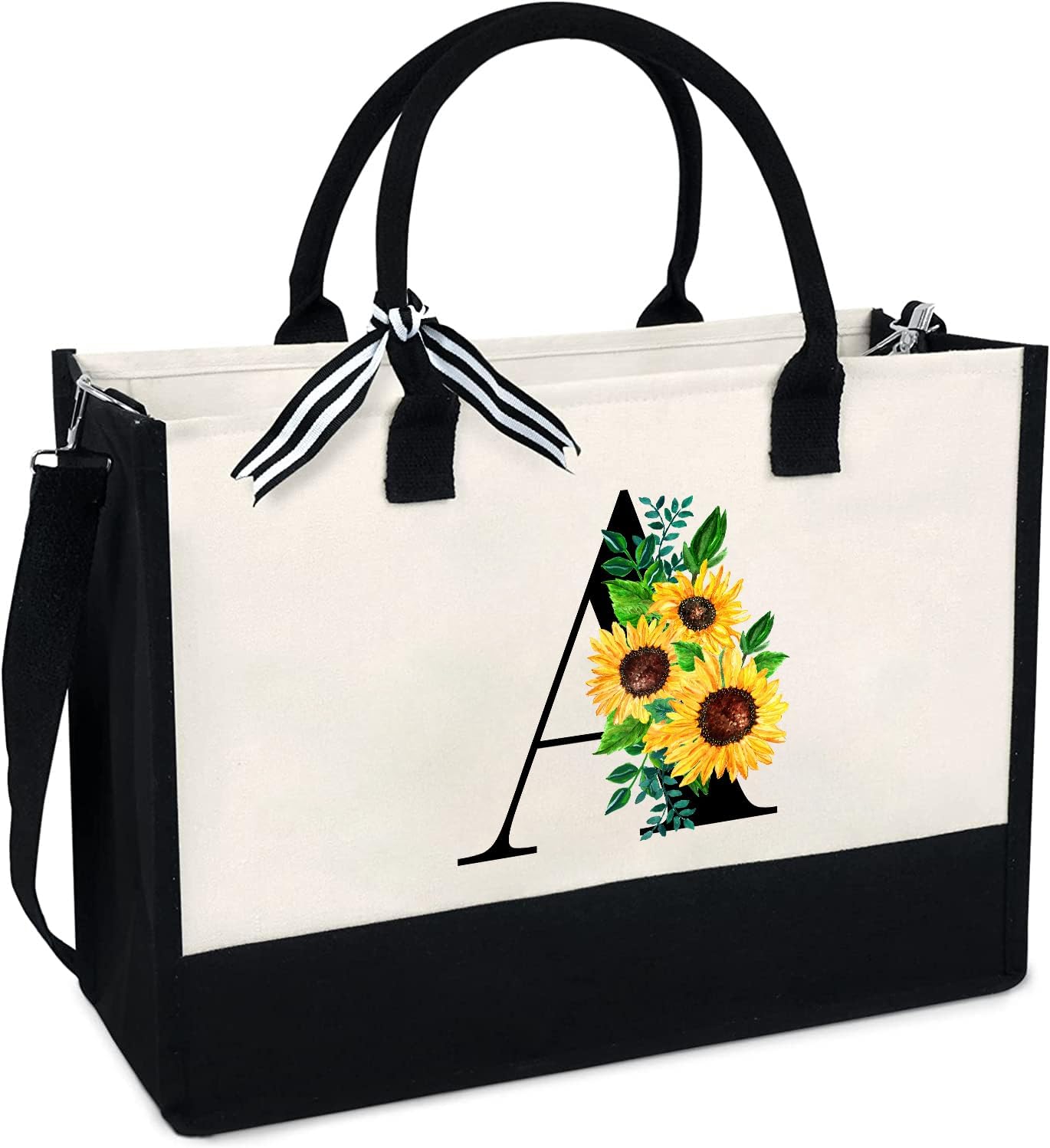 Sunflower Tote with Zipper Pocket, 13oz Monogram Tote Bags for Women, Birthday, Christmas, Teacher Gifts