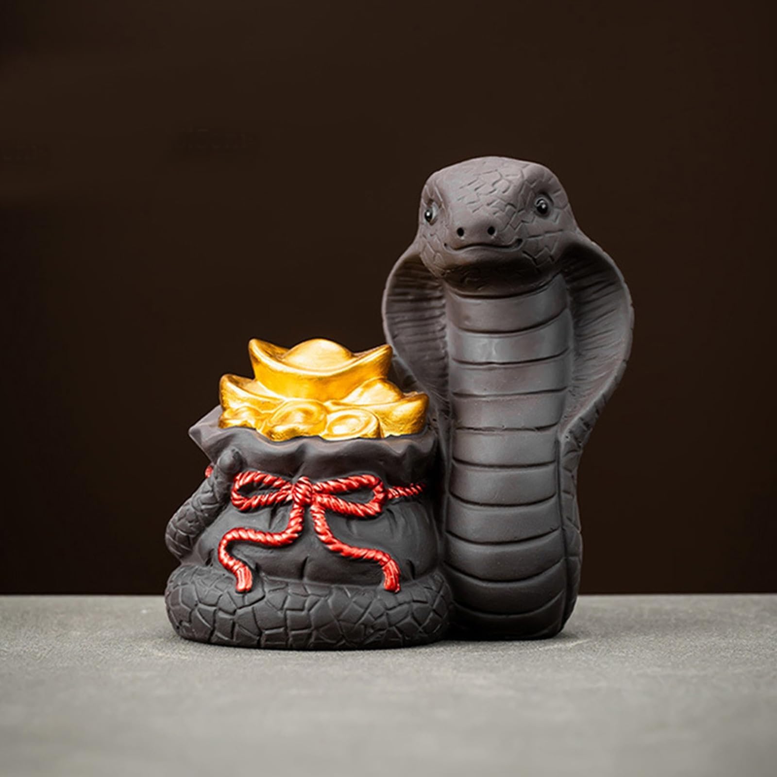 YUZDNM Zodiac Snake Statue, Ceramic Feng Shui Snake Figure with Lucky Bag for Wealth and Success, 3.5" H(Black)