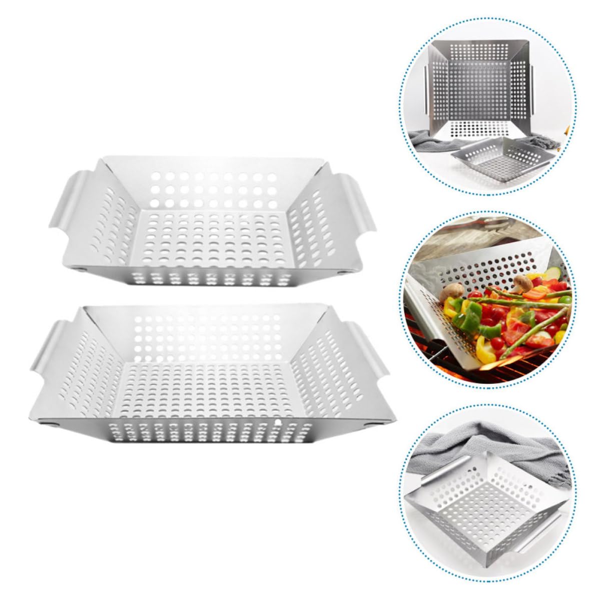 2 Stück Praktische Grillkörbe für Gemüse aus 430 Edelstahl | Silber, Runde Lochung, Leicht zu Reinigen, Hitzebeständig und Robust für Grillabende im Freien