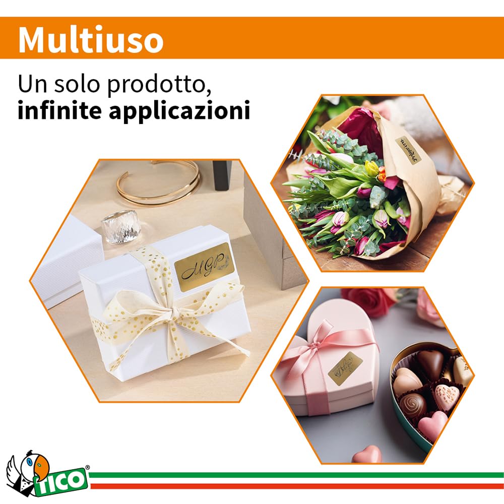 Tico Italia GL4-3619 Etichette adesive carta oro, 100 fogli A4, ovali 36x19mm, 65 etichette per foglio, adesivo permanente, stampanti laser, tipografiche e serigrafiche