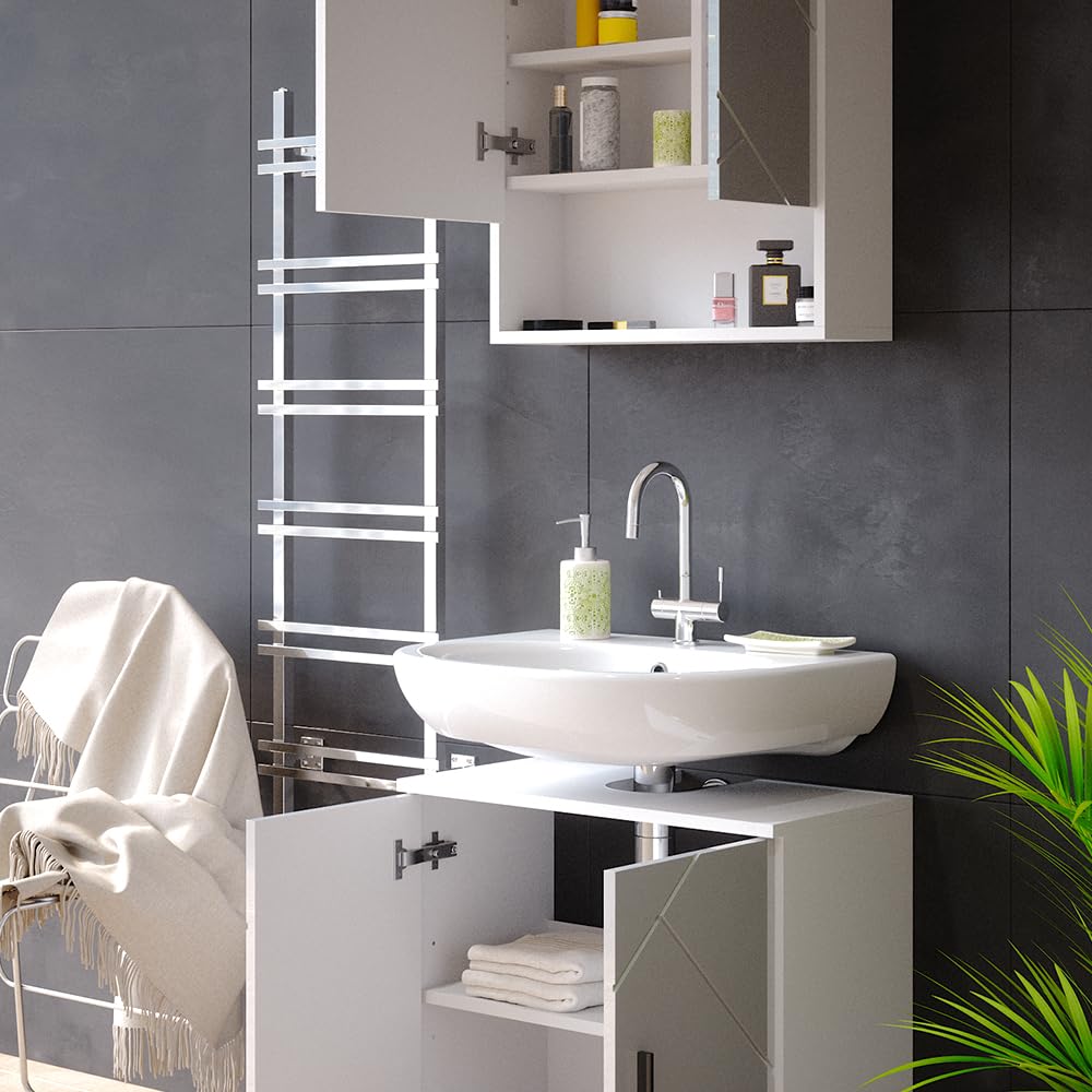 Vicco Set mobili bagno Irma, Bianco lucido, 80 cm, composto da specchio da bagno e mobile sottolavabo