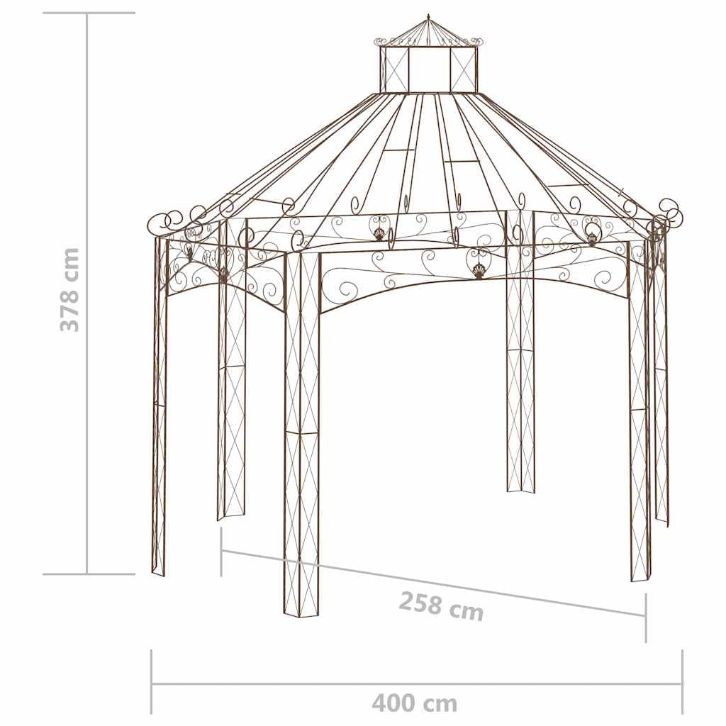 Pawilon ogrodowy antyczny brąz z kutego żelaza, 400 x 258 x 378 cm, stabilna pergola z podporą dla roślin pnących, odporna na warunki atmosferyczne zadaszenie, ochrona przed słońcem na taras