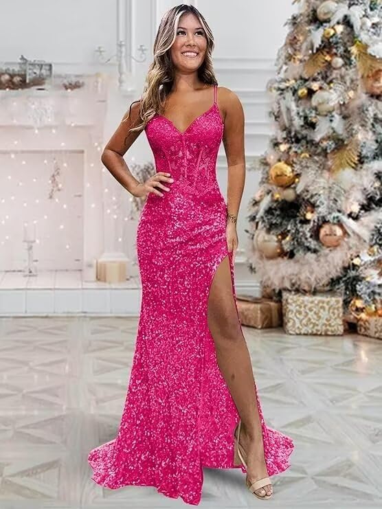 Women's Sparkly Sequin Prom Dresses Lace Appliqued Long Mermaid Corset High Slit Formal Party Gowns4