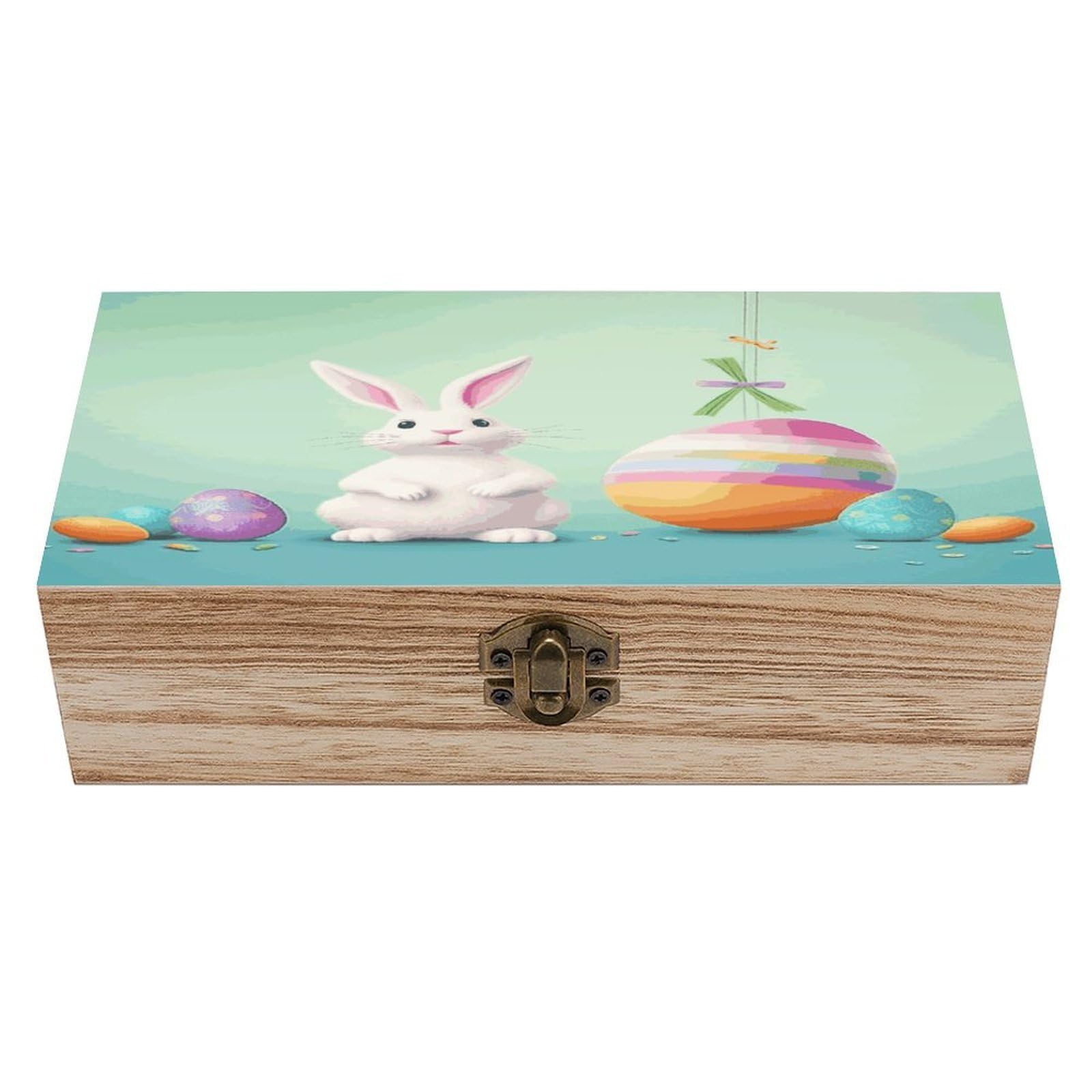 Btcowzrv Style Happy Easter Egg Rabbit Wooden Storage Box, Keepsake Box With Hinged And Retro Lock, Wood Jewelry Organizer For Photos & Mementos And Home Decor