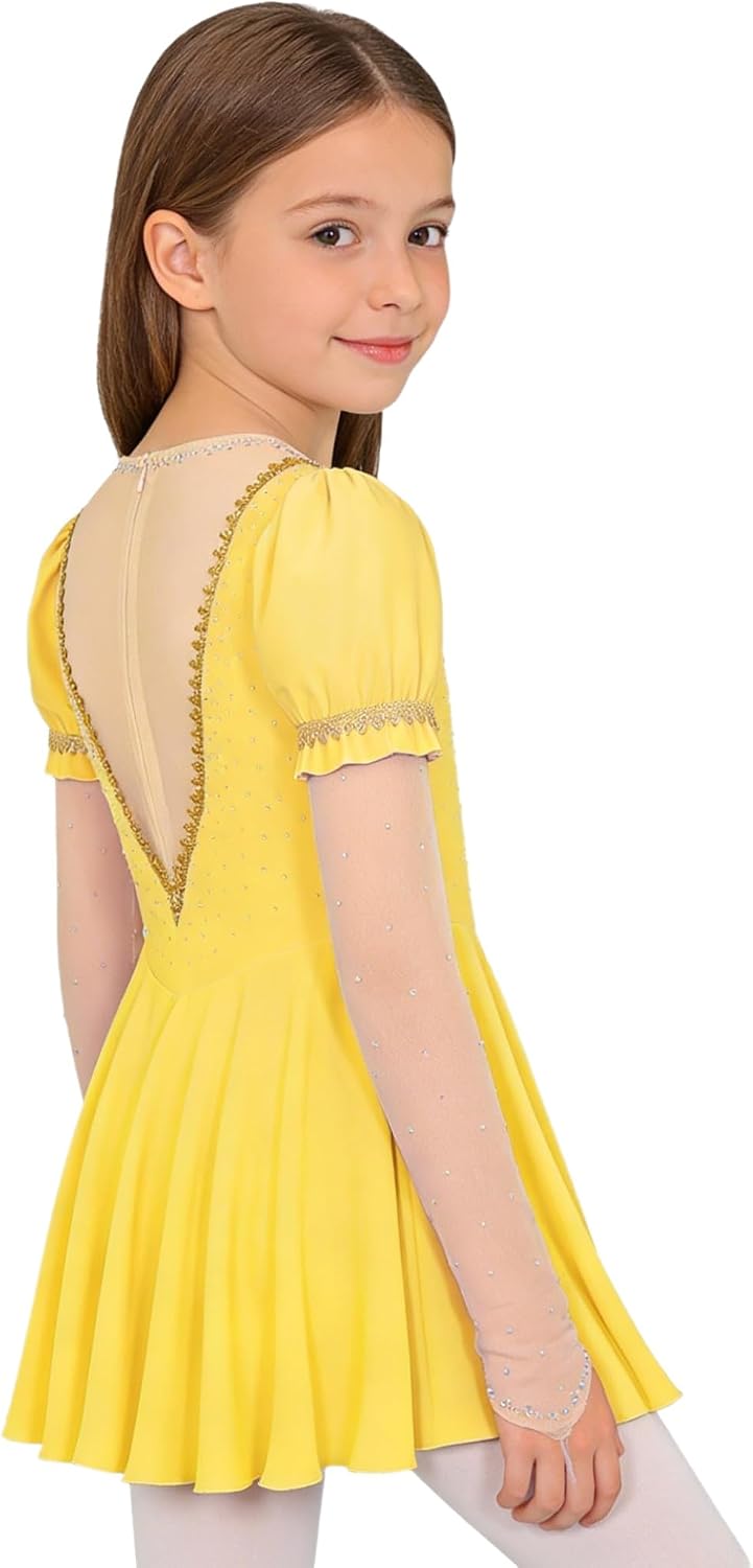 Kids Girls Princess Dress Shiny Rhinestones Long Sleeve Dress for Ballet Dance Performance