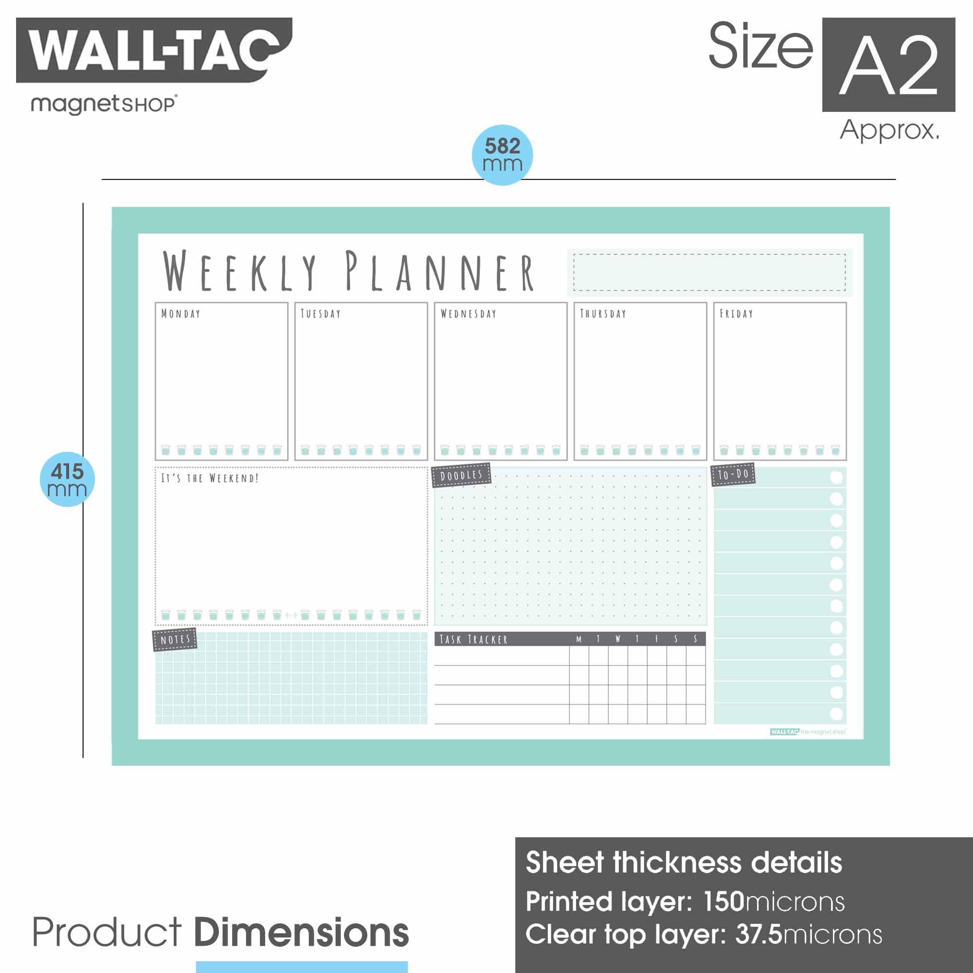 WallTAC Re-Adhesive Weekly Wall Planner - Task Manager, Family Planner and Student Organiser - Reusable, Removable and Re-Positionable Self-Adhesive Whiteboard for Home, School (Mint, A2 - WP2) - Image 2