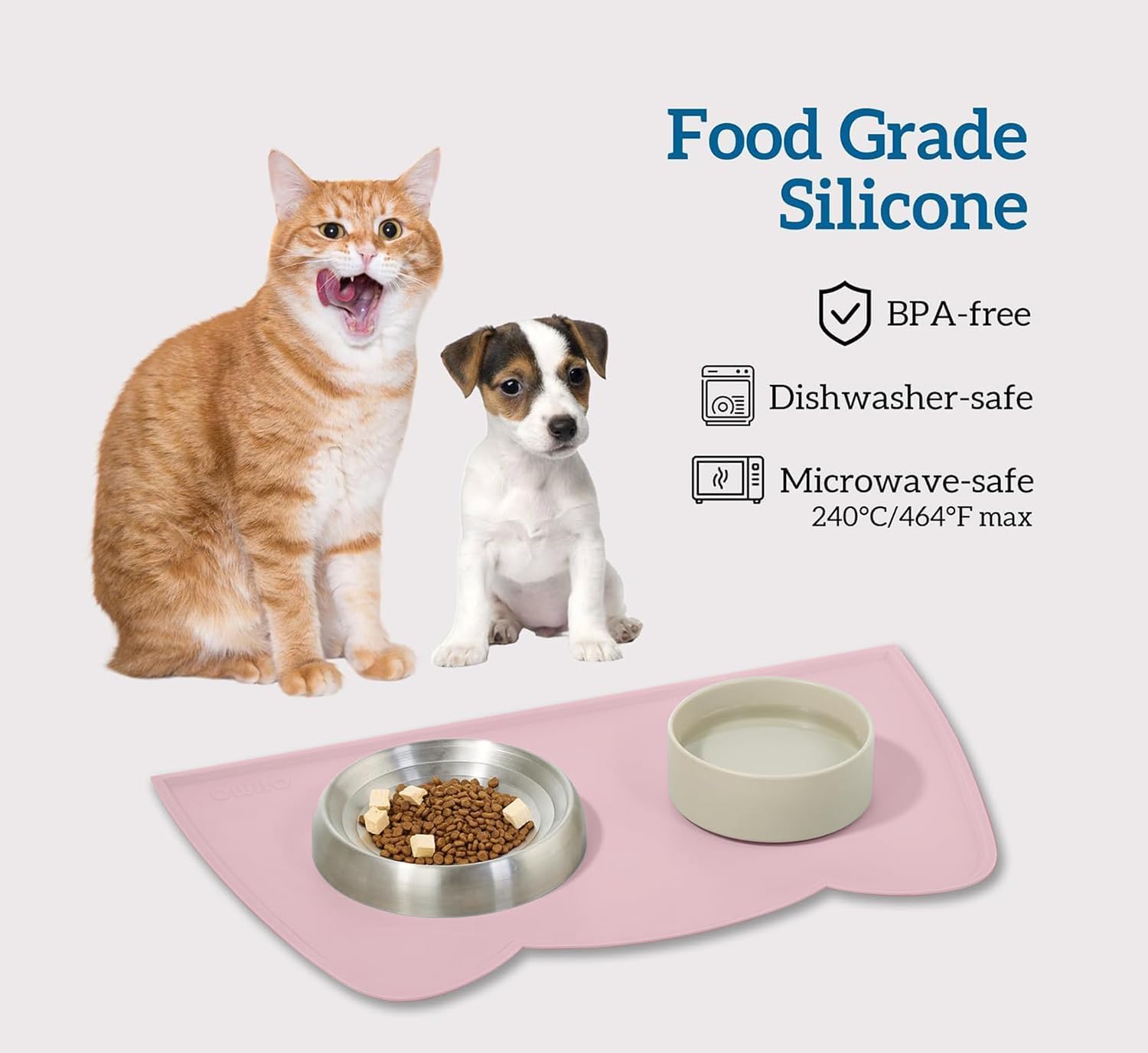 OHMO Tappetino Ciotola per Cani e Gatti in Silicone, Impermeabile Antiscivolo a Prova di Fuoriuscita per Cibo e Acqua, Facile da Pulire, 52x30cm, Rosa Tenue