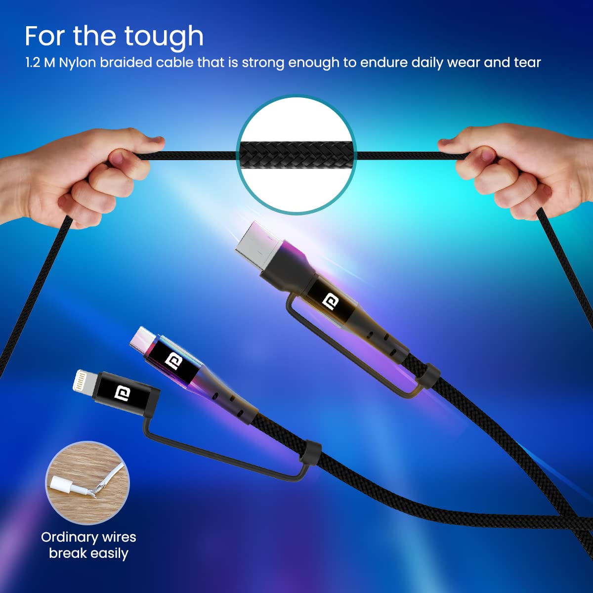 Portronics Konnect J8 3-in-1 (USB A + tipo C a 8 pin + tipo C) cavo di ricarica rapida con uscita massima 60 W, nylon intrecciato, per smartphone Android, dispositivi iOS e USB di tipo C, lunghezza
