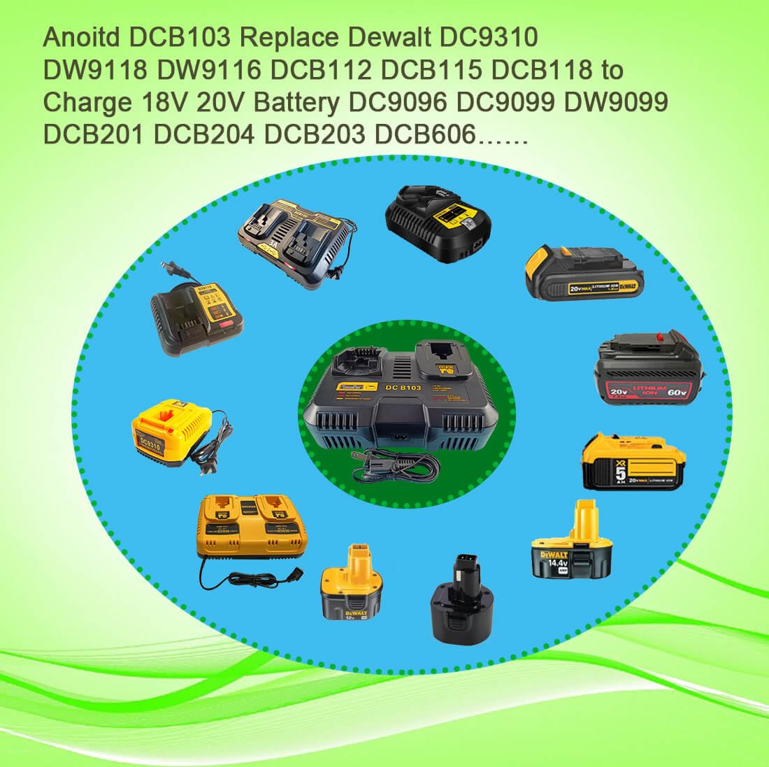 Anoitd Compatible with Dewalt Charger, Combination Dual Port, Fast Charge (DCB103),Compatible 9.6V-20V Lithium NI-CD&NI-MH Battery
