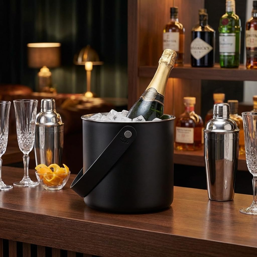 Suinga Cubitera inoxidable moon black 1,5 L con asas de cuero | Cubitera acero inox elegante 1,5 litros para enfriar bebidas